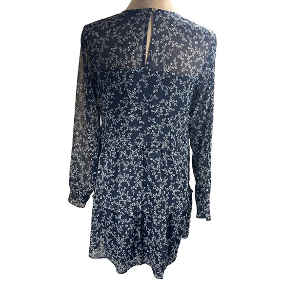 Loft Tiered Dress Navy White Floral Tunic Mini Size XS Extra Small Long Sleeve - Picture 3 of 8